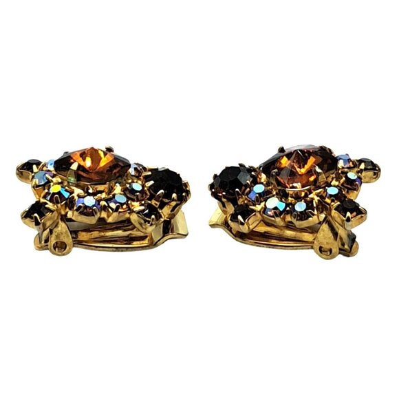 Vintage Rivoli Rhinestone Earrings Aurora Borealis Brown Clip Ons Costume Jewelr - Picture 6 of 11